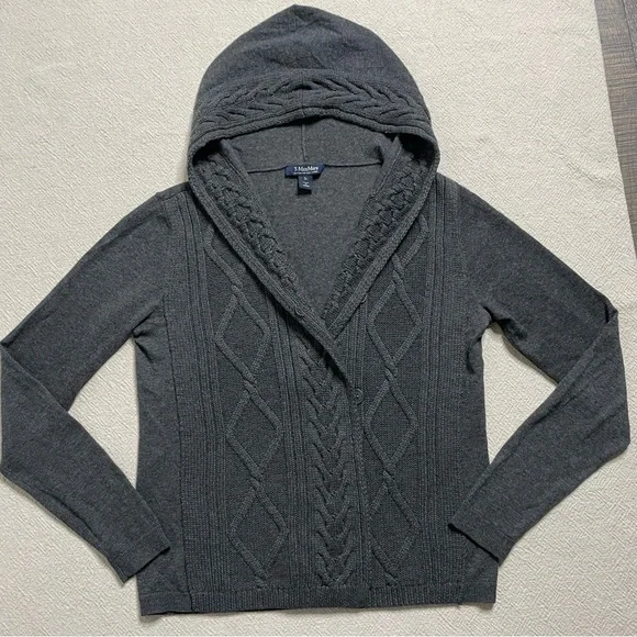 MaxMara Grey Cable Knit Cashmere Hooded Cardigan Sweater L - Picture 6 of 7
